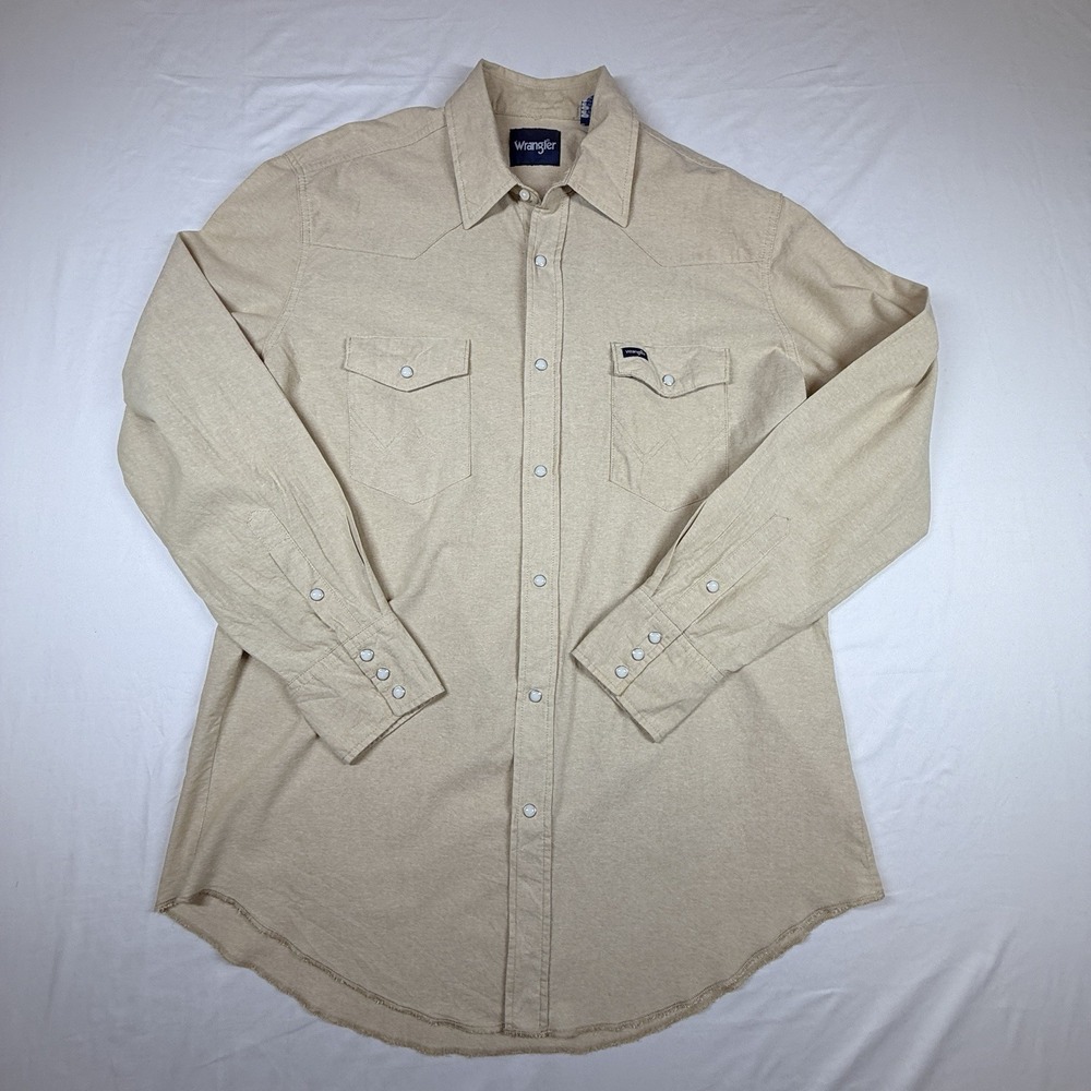Wrangler Mens Beige Western Snap Long Sleeve Shirt XLT Raw Hem Pearl Snap Cotton